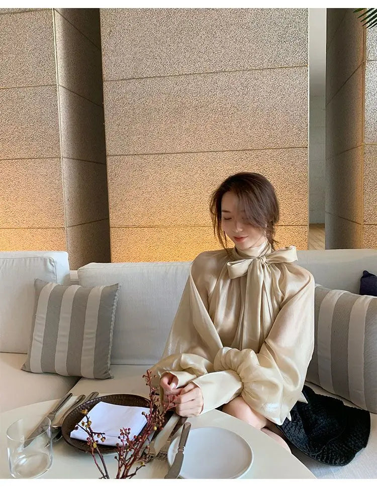 Spring Autumn Women Fashion Tops New Shirts Lantern Sleeve Stand Collar Solid Casual Vintage Elegant Temperament Long-Sleeved