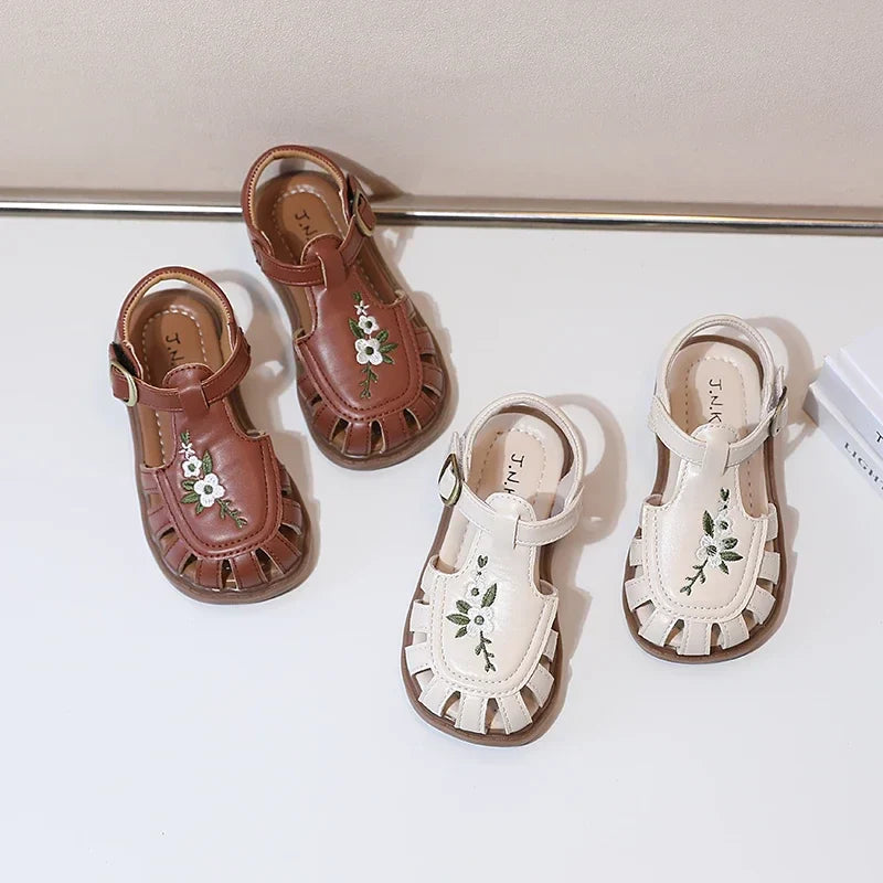 Traditional Chinese Embroidery Kids Shoes for Girl Sandals Summe Retro Princess Shoes Roman Style Girls Leather Shoes Kid F05173
