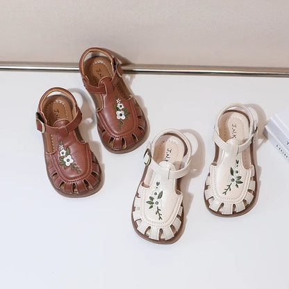 Traditional Chinese Embroidery Kids Shoes for Girl Sandals Summe Retro Princess Shoes Roman Style Girls Leather Shoes Kid F05173