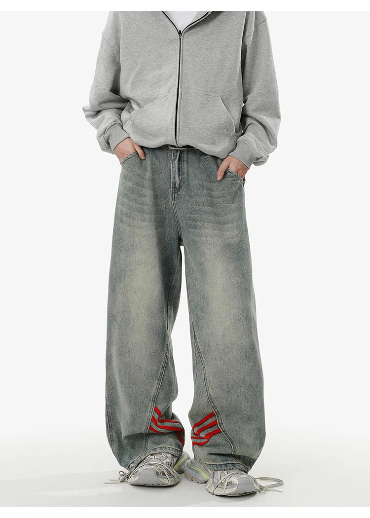 American retro baggy wide leg jeans for men and women  loose casual striped washed long pants