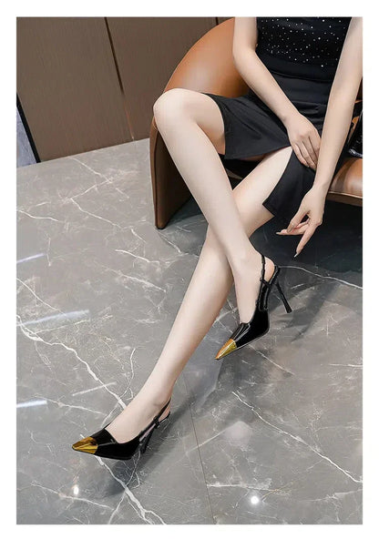 New Summer Women's High-heeled Sandals Gold Iron Head Patent Leather Black Stiletto Square Head Closed Toe Sling Back Shoes