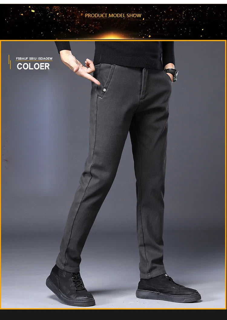 Men's Slim Suit Casual Pants Thick Fashion Embroidered Pocket Trousers Business Baggy Office Comfortable Elastic Pants Male