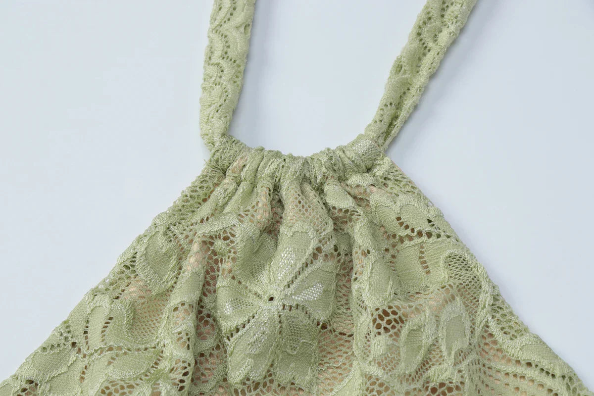 Women Fashion Halter Sleeveless Sexy Backless Patchwork Lace Bandage Sexy Mini Dress Summer Outfit Party Beach Vacation
