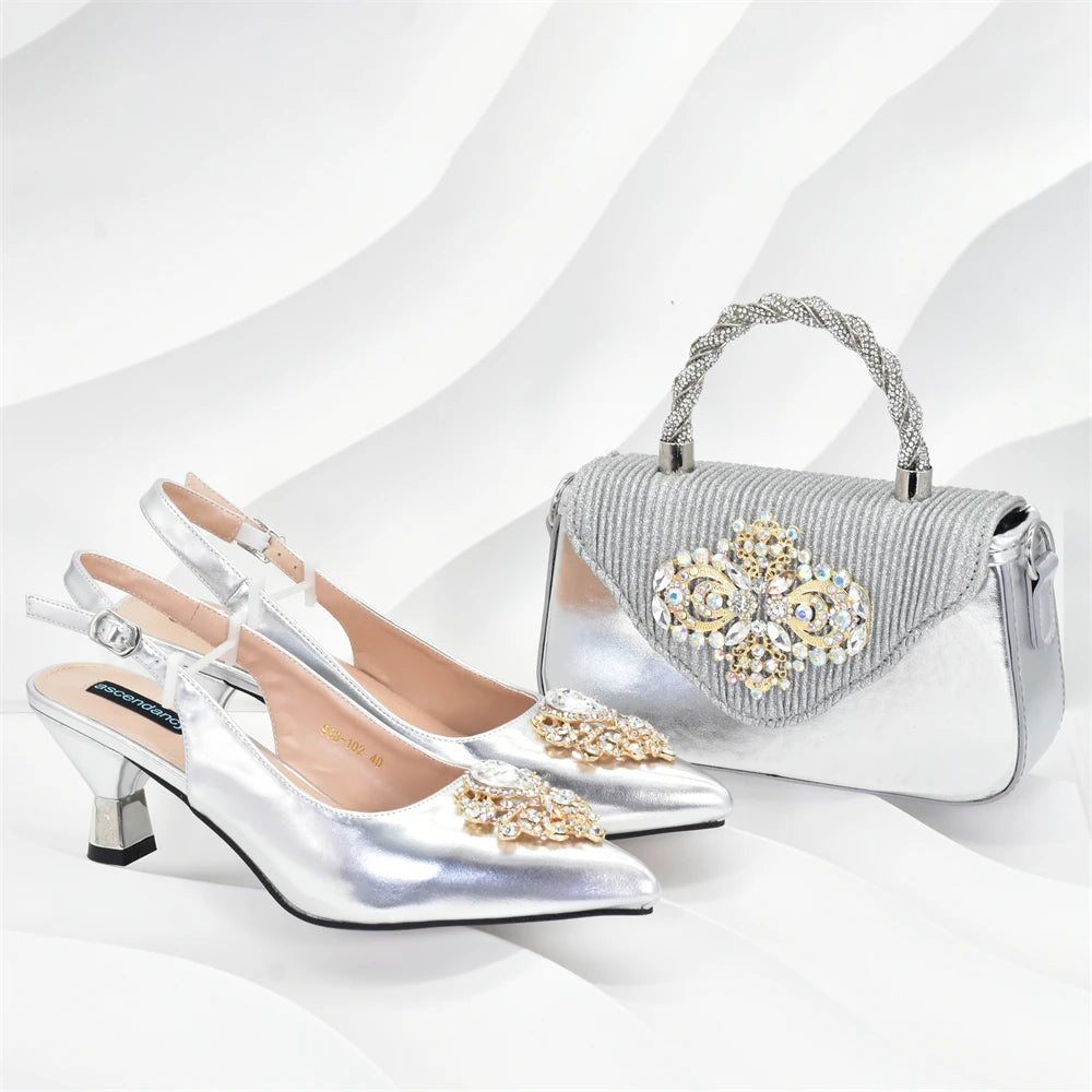New Fashion Women Shoes and Bags To Match Set Nigeria Party Nigeria Italian Shoes and Matching Bags Decorated with Rhinestone