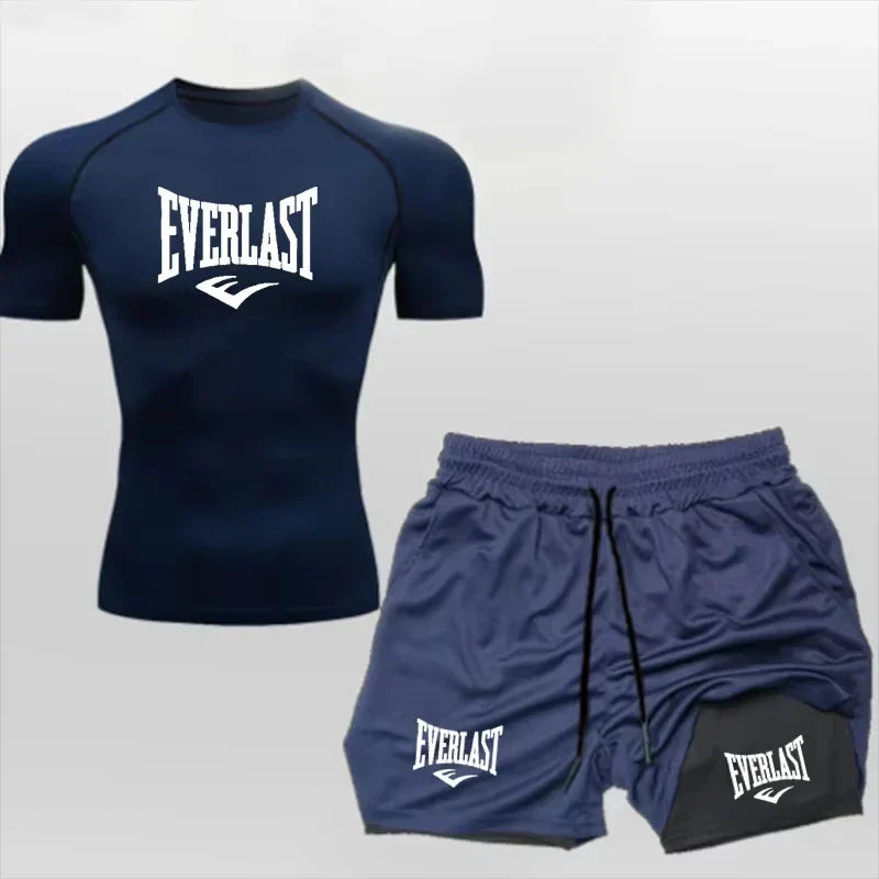 Men's Compress Shirt + 2-in-1 sports shorts 2pcs Set Leisure Breath Short Sleeve Sport Jogging Gym Brand Print Clothing