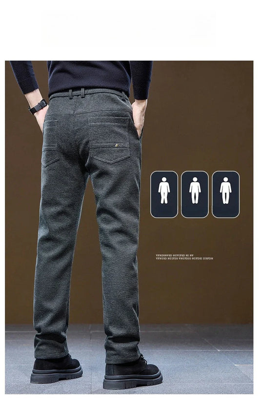 Men's Winter Casual Pants Thick Fleece Warm Elastic Waist Straight Slim Trousers Light Business Comfort Daily Wear Thermal Pants