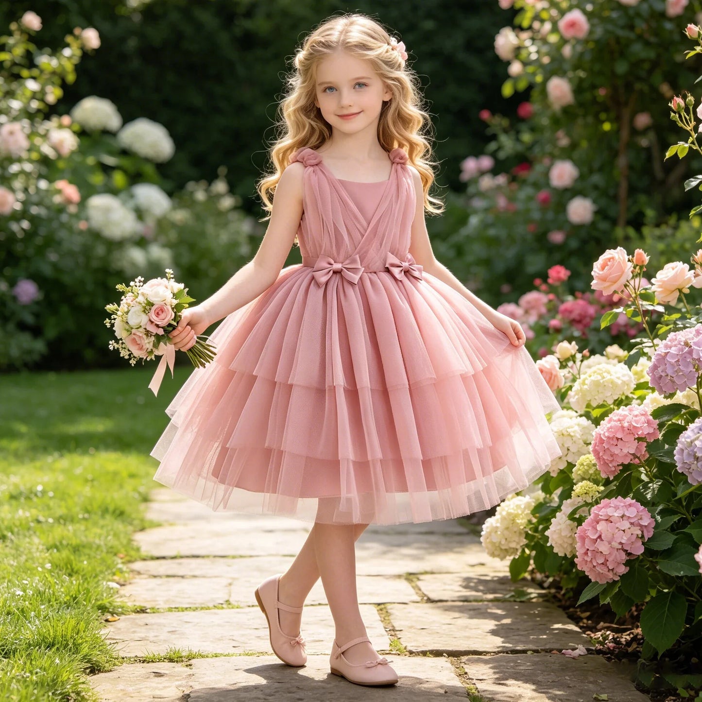 Summer Bow Bridemaid Party Girls Dresses Elegant Tulle Birthday Wedding Princess Dress for Girl New Years Prom Christmas Costume