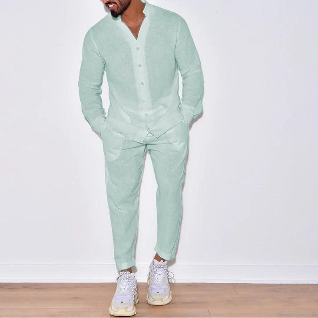Autumn men's new fashion solid color suit cotton cardigan lapel long sleeve pants suit