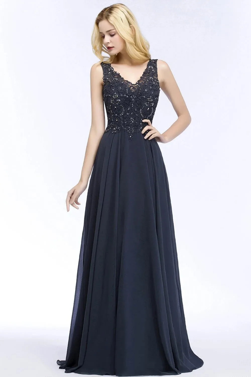 Navy Blue Evening Dresses Women V Neck Lace Appliques Beaded A Line Skirt Chiffon Prom Party Bridesmaid Gowns