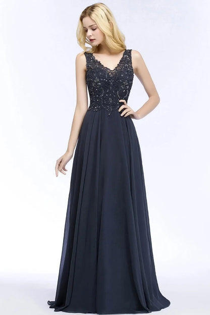 Navy Blue Evening Dresses Women V Neck Lace Appliques Beaded A Line Skirt Chiffon Prom Party Bridesmaid Gowns