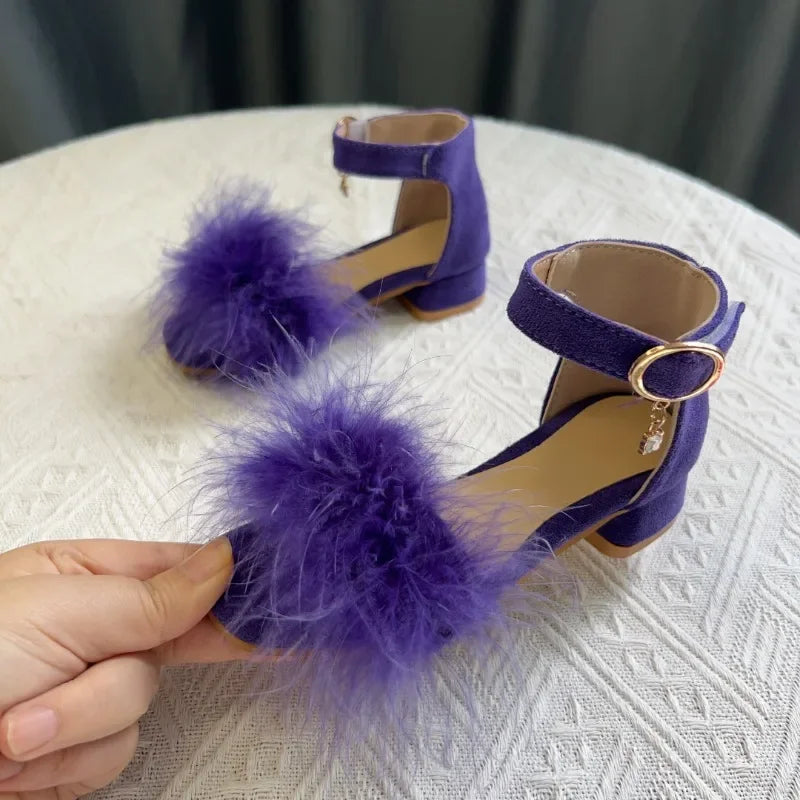 New Girls Low-heels Sandals Summer Fluffy Kids Princess Catwalk Shoes Open-toe Versatile Children Fashion Wedding Party Sandals