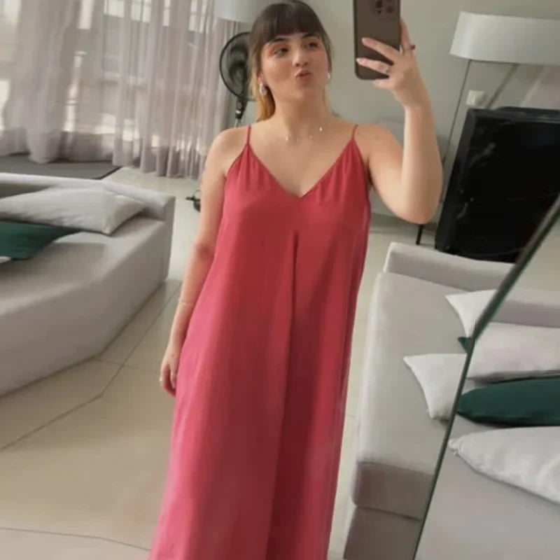 Women's Slip Dress Summer Green Red Black Dress Casual V-Neck Backless Long Dresses Sleeveless Vestidos Resort Dresses