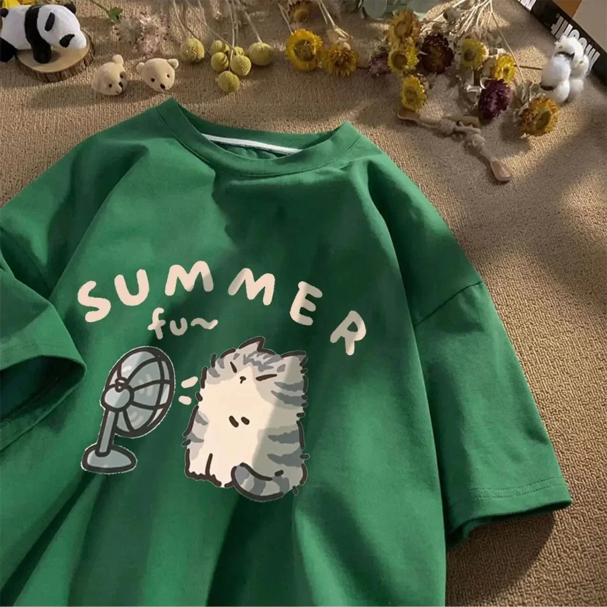 Korean Version Retro Minimalist Cat Printed Summer T-shirt Casual Loose Couple Thin Short Sleeves Women Men T Shirts