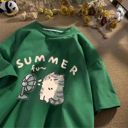 Korean Version Retro Minimalist Cat Printed Summer T-shirt Casual Loose Couple Thin Short Sleeves Women Men T Shirts