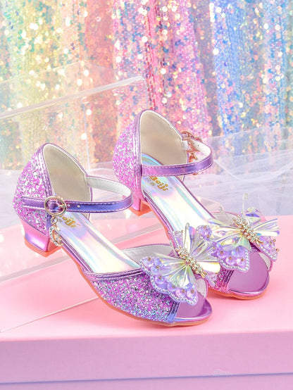 Women's girls' fashionable crystal bow high heels, student princess shoes