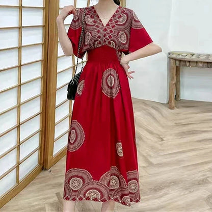 Flower V-neck Elastic Youthful Bohemian Sweet Midi Dress Woman Clothes Chic Fashion Summer Dresses 2025 Large Swing Ski