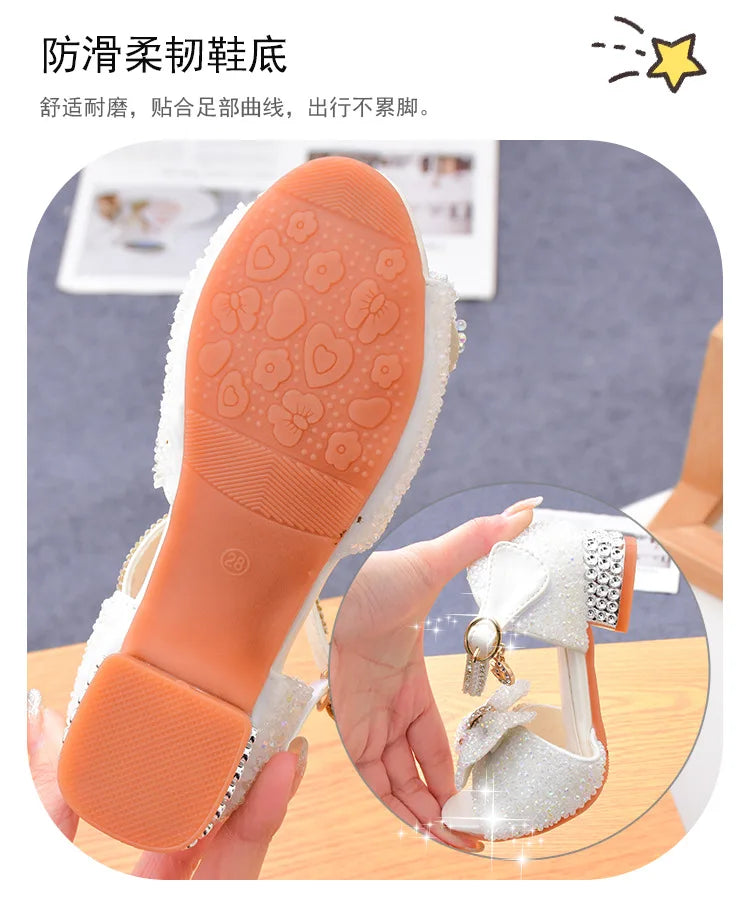 Children's Sandals Summer Princess Crystal Shoes 2024 New Girls High Heels Fashion Sequins Girls Soft Bottom Performance Shoes