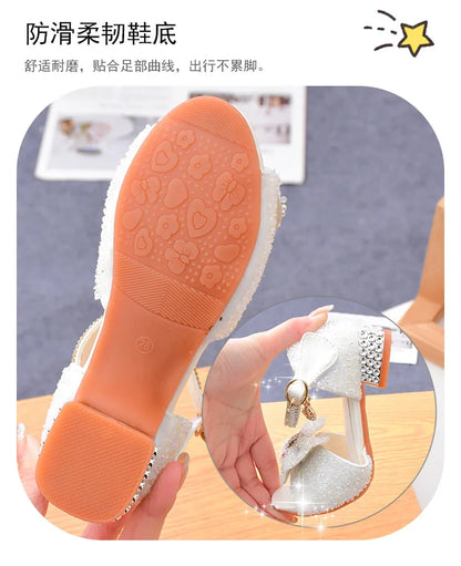 Children's Sandals Summer Princess Crystal Shoes 2024 New Girls High Heels Fashion Sequins Girls Soft Bottom Performance Shoes