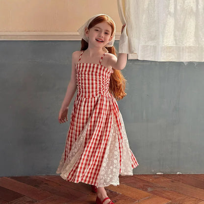 2025 Summer New Children Fairy Long Dress for Girls French Red Checkered Lace Splicing Lace Strap Dress
