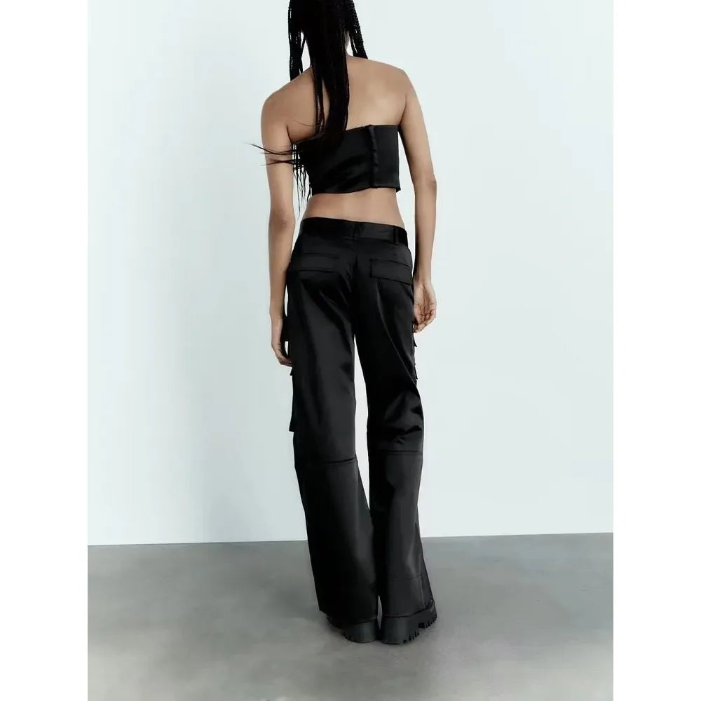 Women Fashion with Pockets Versatile High-waist Slim Multi-pocket Silk Satin Texture Straight Overalls