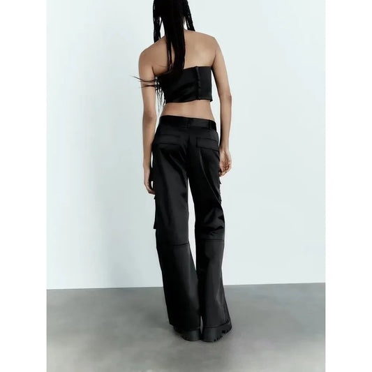 Women Fashion with Pockets Versatile High-waist Slim Multi-pocket Silk Satin Texture Straight Overalls