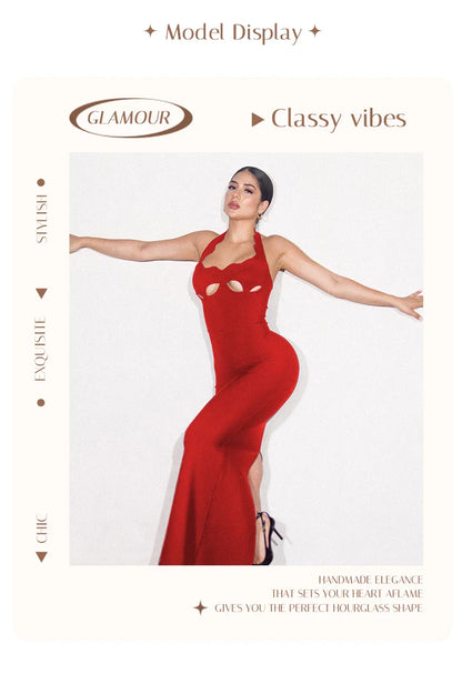 Red Cut-Out Halter Bodycon Christmas Dress for Women Sexy Backless Evening Dresses Sleeveless Slim Fit Party Dress