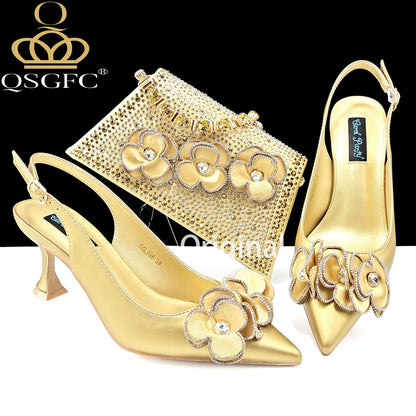 Party Shoes And Bag Ladies Heel Decoration Pure Elegant Flower Wedding Shoes And Bag Full Rhinestone Fashion Handbag