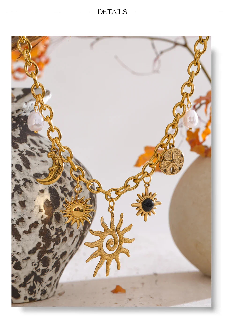 Trendy Starfish Moon Sun Shaped Pendant Charm Necklace Statement Stainless Steel Golden Chain Fashion Jewelry PVD Plated