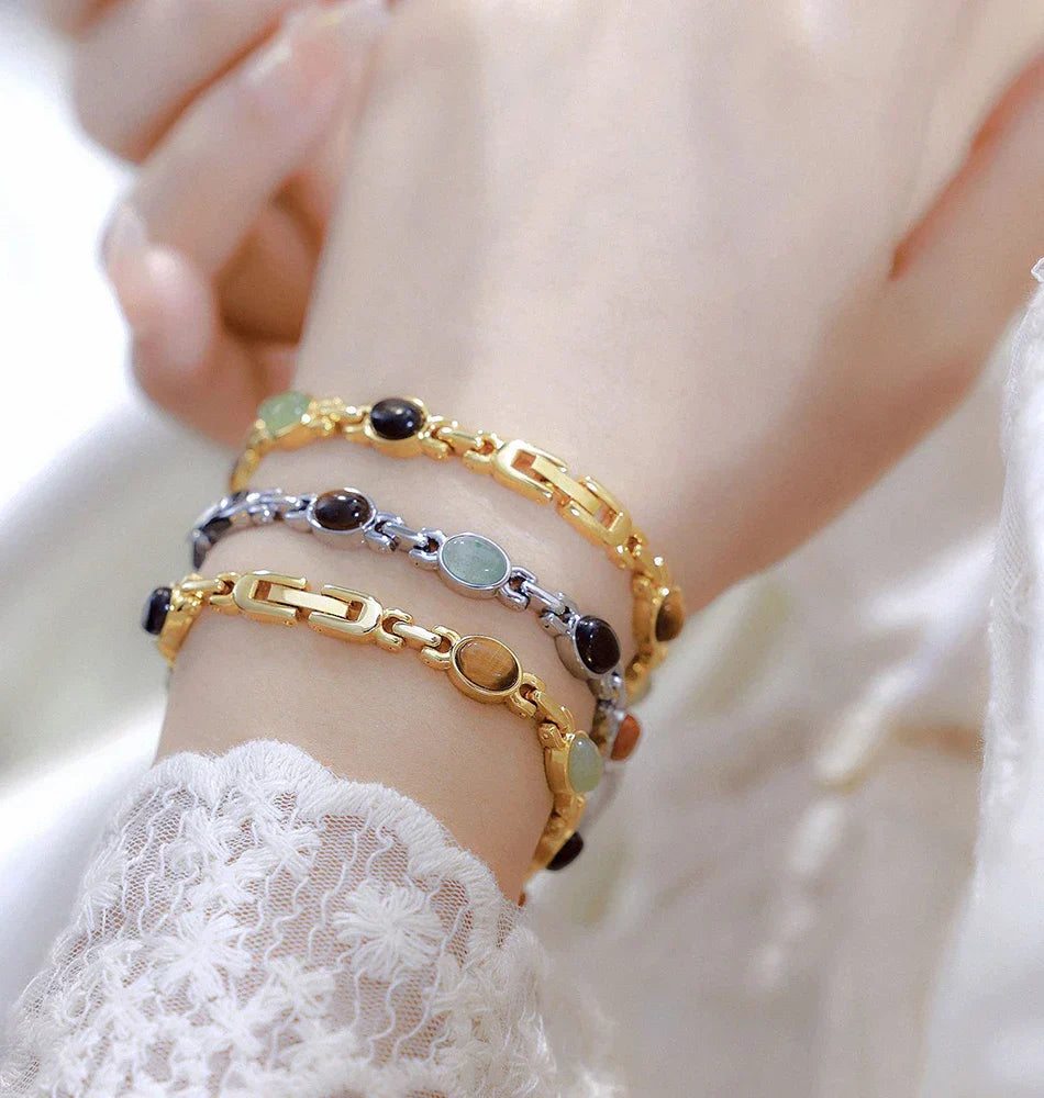 Women's watch Vintage Natural Colorful Jade Bracelet Wristwatches Clock,Luxury Elegant Small Oval Dial Quartz Watch Waterproof
