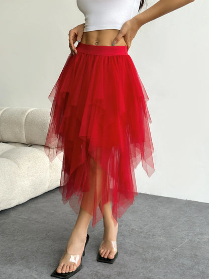 Ladies' high waisted elastic waist layered chiffon midi skirt with irregular asymmetric hem party casual mesh fairy ballet skirt