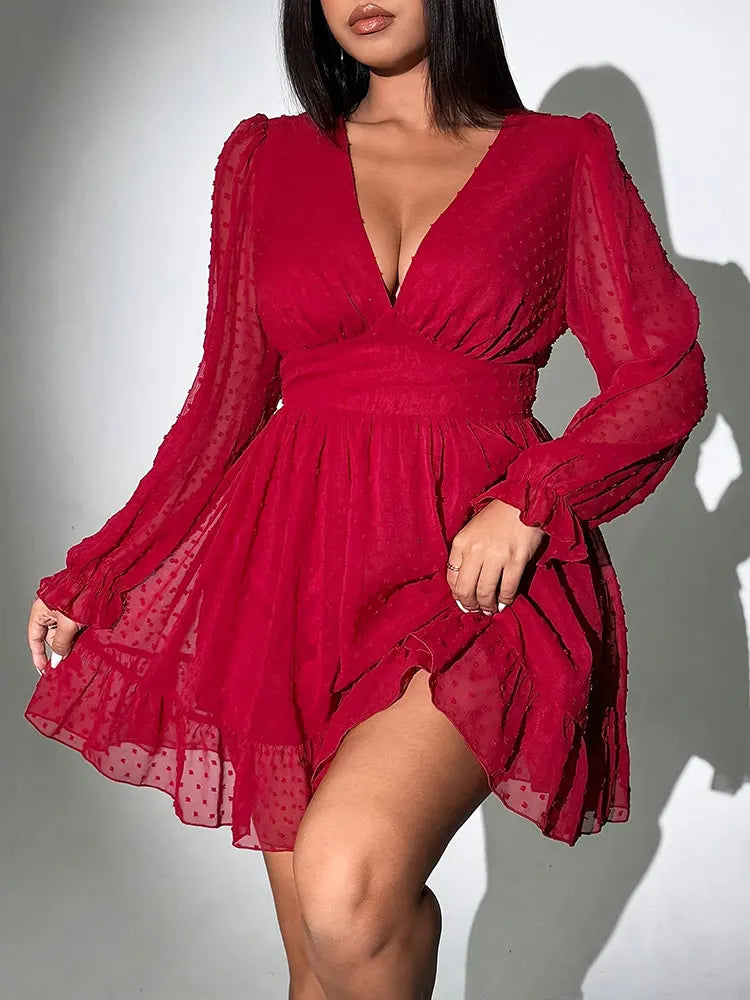 New Sexy V-Neck Short Dress Plus Size Solid Polka Dot Long-Sleeve American Slim A-Line Skirt Elegant Party Women's Evening Dress