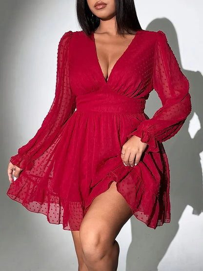 New Sexy V-Neck Short Dress Plus Size Solid Polka Dot Long-Sleeve American Slim A-Line Skirt Elegant Party Women's Evening Dress
