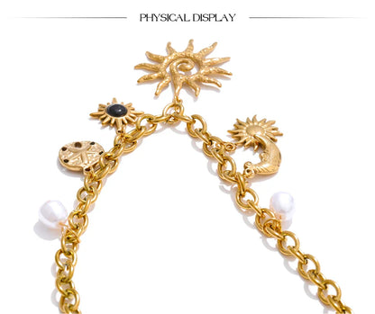 Trendy Starfish Moon Sun Shaped Pendant Charm Necklace Statement Stainless Steel Golden Chain Fashion Jewelry PVD Plated
