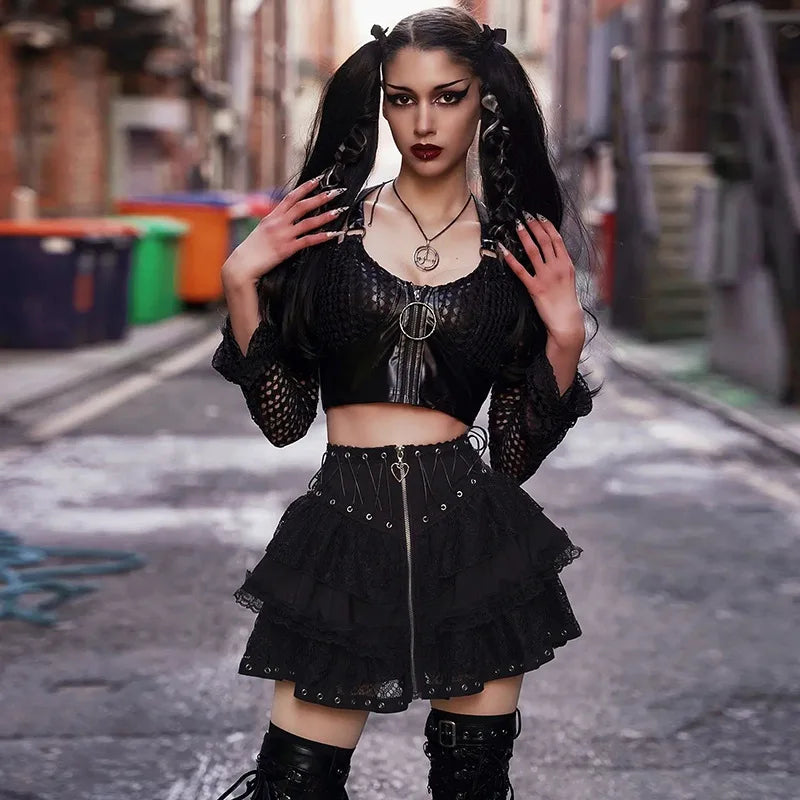 Gothic Skater Punk Vintage High Wasit Skirt Women's Zipper Front Japanese Style Kawaii Black Harajuku Cosplay Mini Skirts