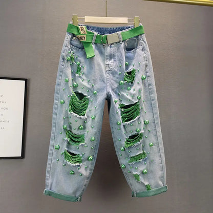 Denim Harem Pants Women Green Pearl High Waist Loose Oversized Jeans