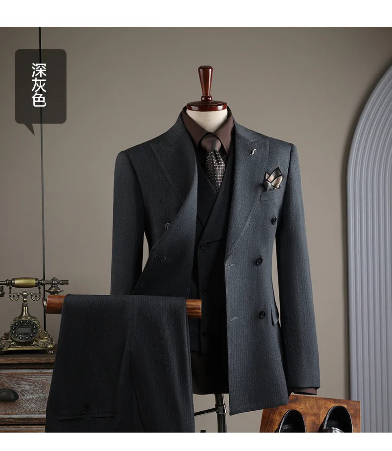 Terno Masculino de Alta Qualidade Formal Social Slim Fit Abotoamento Duplo Listrado Conjunto de Terno Noivo Casamento Roupa de Festa Smoking Roupa Masculina
