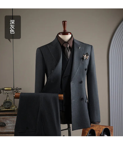 Terno Masculino de Alta Qualidade Formal Social Slim Fit Abotoamento Duplo Listrado Conjunto de Terno Noivo Casamento Roupa de Festa Smoking Roupa Masculina