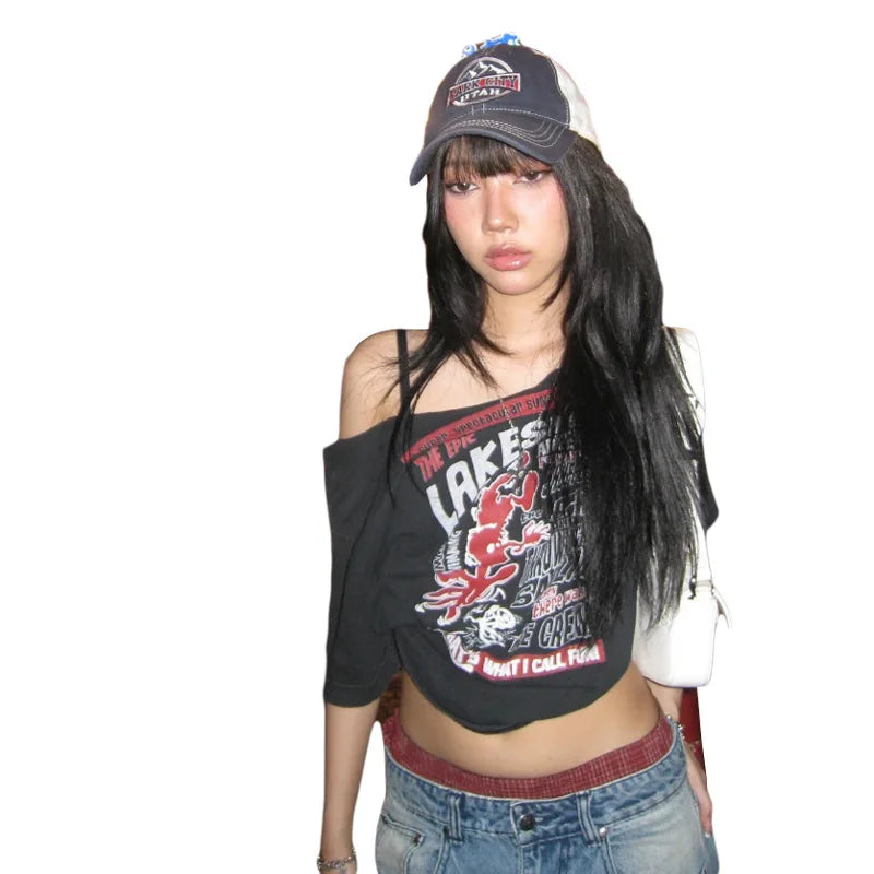 Tee Y2k Letter Print Off Shoulder Punk T-shirts Women Harajuku Summer Streetwear Grunge T Shirt Aesthetic Sexy Crop Tops