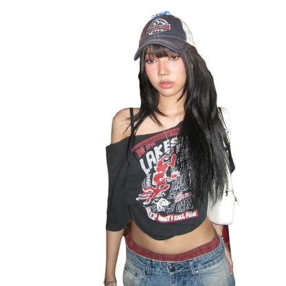 Tee Y2k Letter Print Off Shoulder Punk T-shirts Women Harajuku Summer Streetwear Grunge T Shirt Aesthetic Sexy Crop Tops