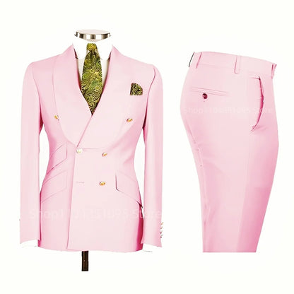 2 PCS Men's Smart Casual Solid Formal Tuxedo Suits with Shawl Lapel Double Breasted Jacket And Pants for Business And Wedding
