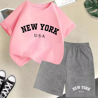New York letter pattern boy and girl T-shirt+shorts 2-piece set