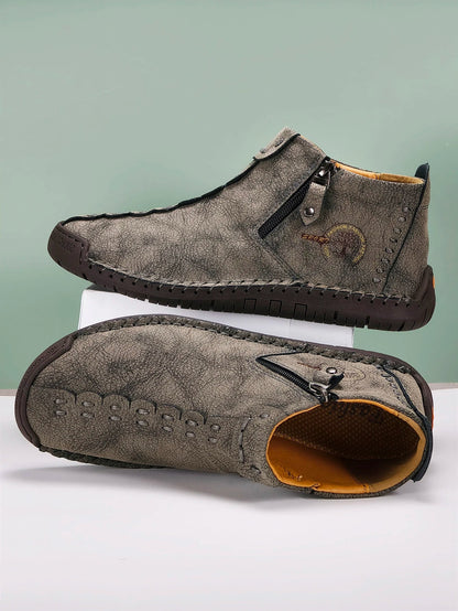 New Classic Handmade Leather Men Shoes Zipper Design Outdoor Sneakers Slip On Breathable Casual Shoes Leather Men Ankle Boots