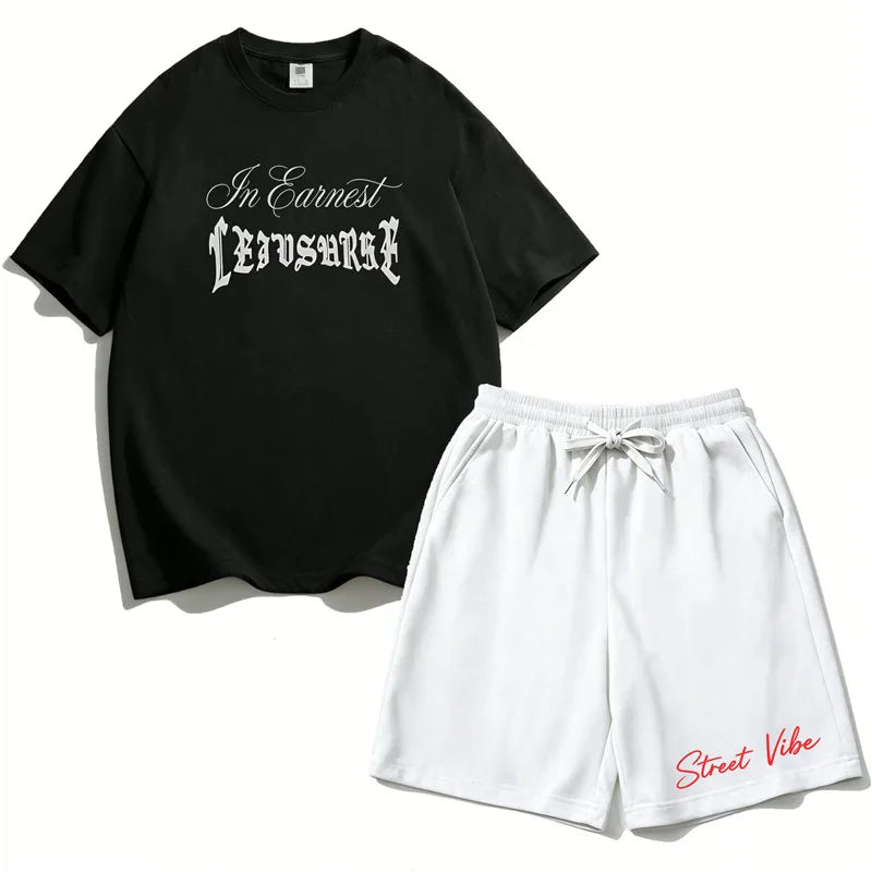 2Pcs Boys Cotton Summer Outfit Gothic Street Style Print T-shirt and Shorts Casual Sportswear for Kids 3-14Y RZ29