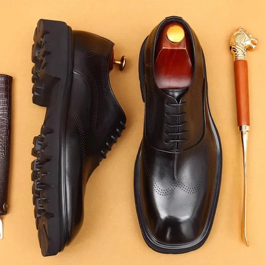 5cm heels High Quality Thick Sole Height-increasing Shoes Man Square Toe Lace-up Oxford Shoes Cowhide Leather Men Dress Shoes