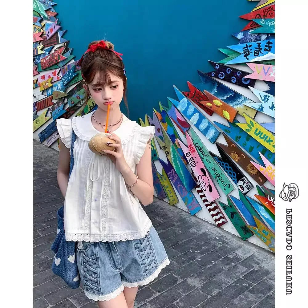 Fashion Sweet Denim Shorts Cartoon Embroidery Lace Patchwork High Waist Jeans Summer All Match Preppy Style 2025 Women Clothing