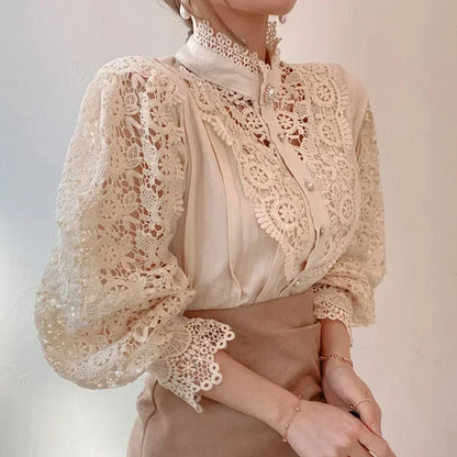 New Women's Long Sleeve High Neck  Chic Blouse, Lace Paneled Hollow Sleeve Elegant Top, Vintage Fashion Office Lady Outfits
