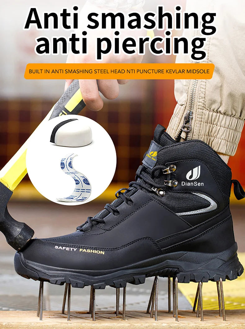 Men Work Boots Puncture-Proof Waterproof Work Shoes Steel Toe Safety Boots Industrial Indestructible Boots Side Leather Shoes