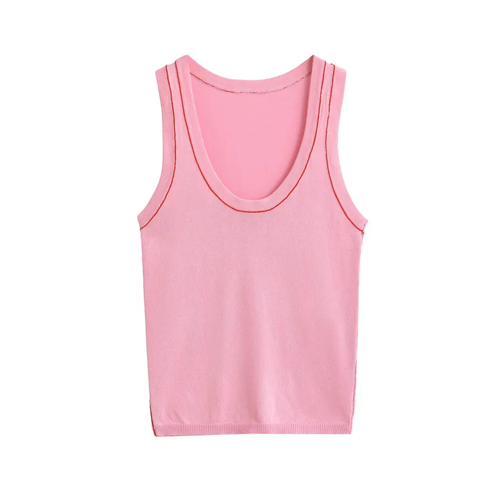 Women's Sleeveless Knit Tank Tops, V Neck ,Contrast Trims, Female Camis, Chic Vest Fashion