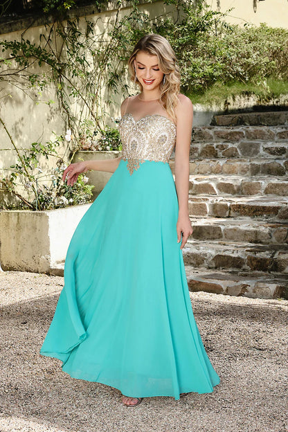 Elegant Sweetheart Prom Dress with Gold Embroidered Bodice & Flowing Chiffon Skirt for Homecoming & Formal Events