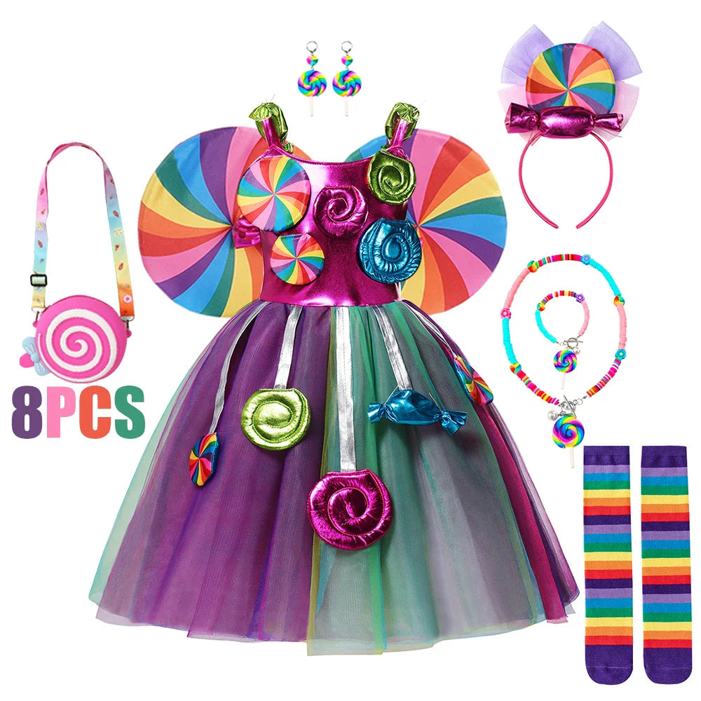 Girls Rainbow Dress Candy Costume Sweet Lollipop Festival Purim Carnival Party 3-10y Children Clothing with Candy Wing Stage Sho